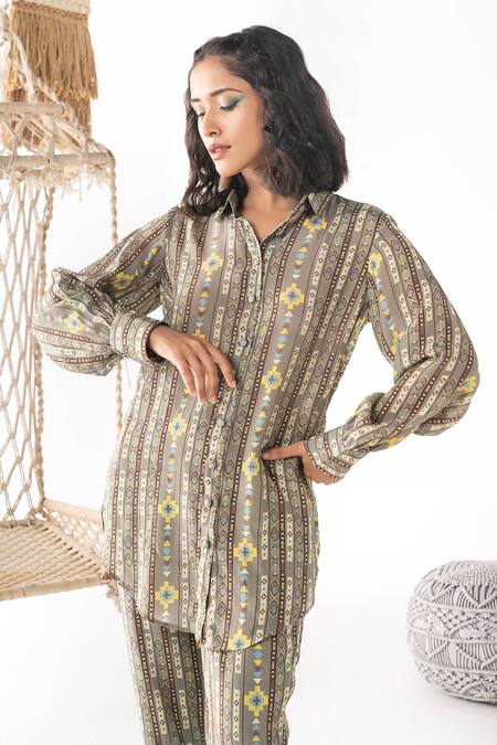 Buy Chhavvi Aggarwal Grey Crepe Stripe Print Shirt And Pant Set Online at Aza Fashions Buy_Chhavvi Aggarwal_Grey Crepe Stripe Print Shirt And Pant Set_Online_at_Aza_Fashions