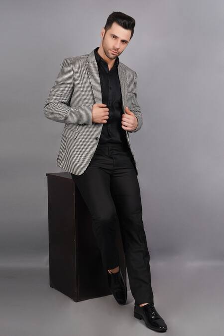 Soniya G_White Wool, Tweed Houndstooth Pattern Blazer_Online_at_Aza_Fashions