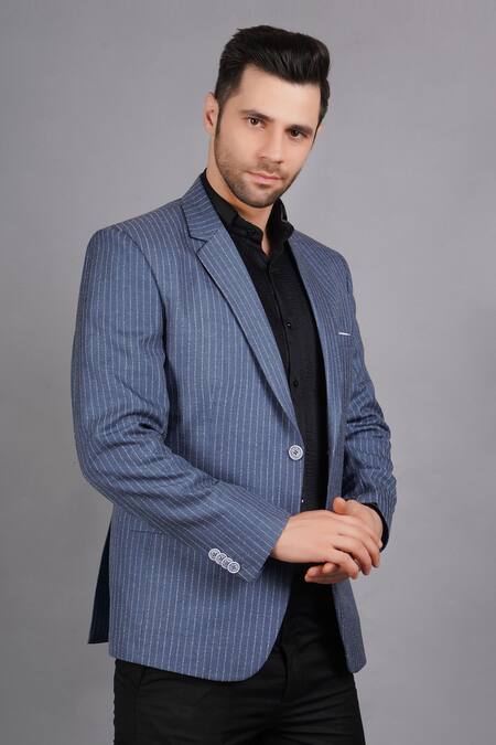 Buy_Soniya G_Blue Wool, Tweed Stripe Pattern Blazer_Online_at_Aza_Fashions
