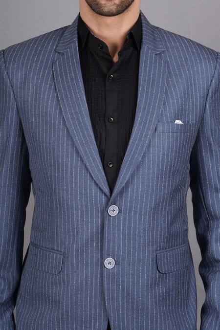 Shop_Soniya G_Blue Wool, Tweed Stripe Pattern Blazer_Online_at_Aza_Fashions