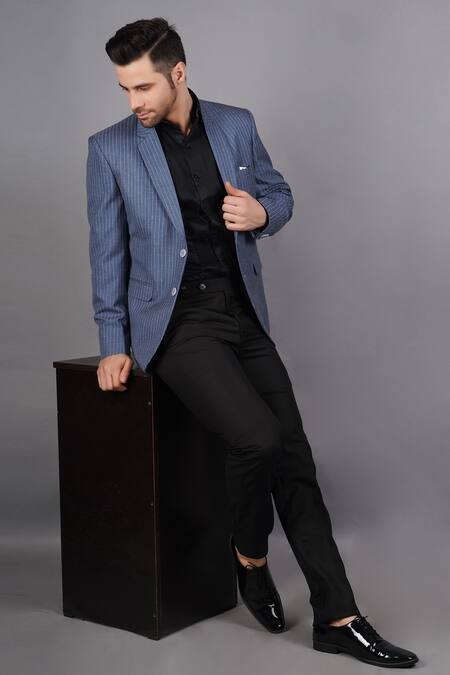 Soniya G_Blue Wool, Tweed Stripe Pattern Blazer_at_Aza_Fashions