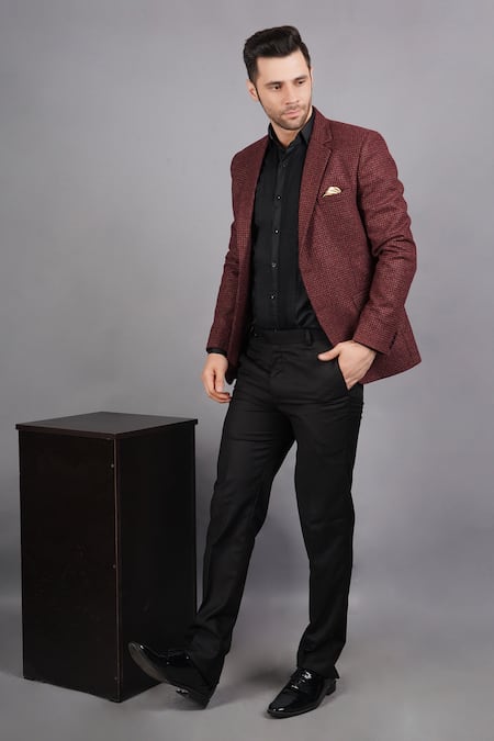 Soniya G_Wine Wool, Tweed Checkered Pattern Blazer_Online_at_Aza_Fashions