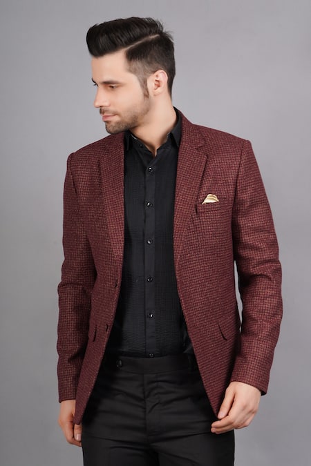 Buy_Soniya G_Wine Wool, Tweed Checkered Pattern Blazer_Online_at_Aza_Fashions