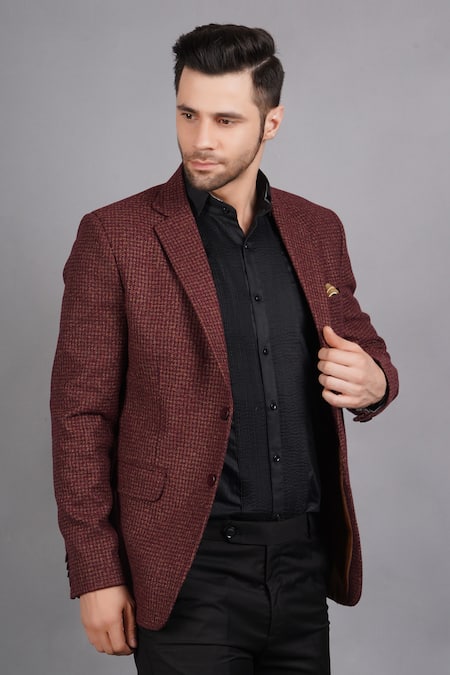 Shop_Soniya G_Wine Wool, Tweed Checkered Pattern Blazer_Online_at_Aza_Fashions