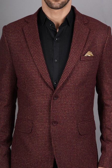 Soniya G_Wine Wool, Tweed Checkered Pattern Blazer_at_Aza_Fashions