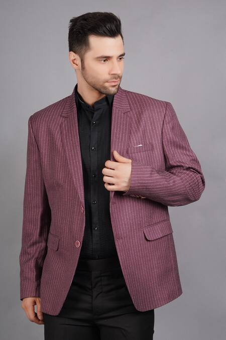 Soniya G_Pink Wool, Tweed Stripe Pattern Blazer_Online_at_Aza_Fashions