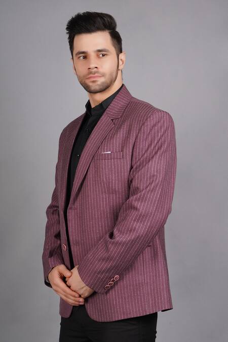 Buy_Soniya G_Pink Wool, Tweed Stripe Pattern Blazer_Online_at_Aza_Fashions