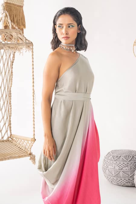 Buy_Chhavvi Aggarwal_Grey Satin Asymmetric Ombre Cowl Top And Pant Set_Online_at_Aza_Fashions