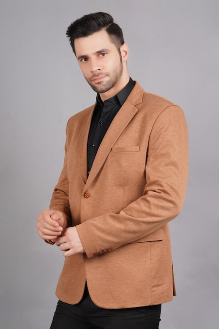 Buy_Soniya G_Brown Wool, Tweed Lapel Collar Blazer_Online_at_Aza_Fashions