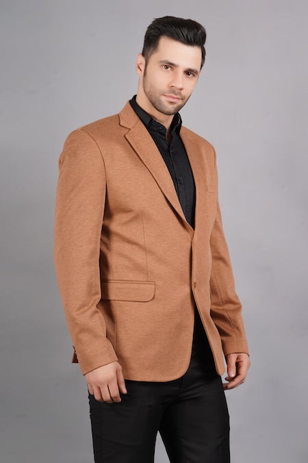 Shop_Soniya G_Brown Wool, Tweed Lapel Collar Blazer_Online_at_Aza_Fashions