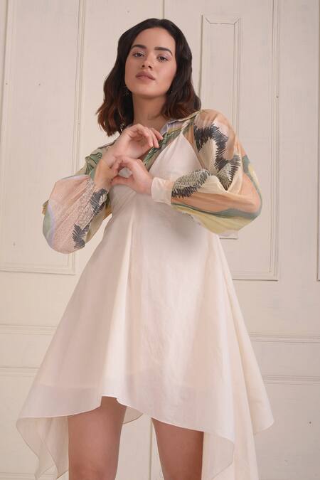 Shwetanga_Ivory Cotton Plunge Neck, Collared Organic Handkerchief Dress And Shirt Set _Online_at_Aza_Fashions