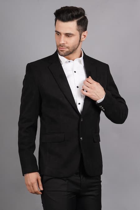 Shop_Soniya G_Black Wool, Tweed Lapel Collar Blazer_Online_at_Aza_Fashions