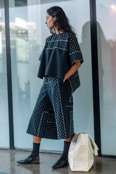 Shop_Leh Studios_Black Cotton Embroidery Round Neck Handkerchief T-shirt_Online_at_Aza_Fashions