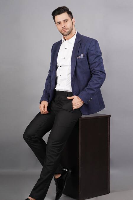 Soniya G_Blue Wool, Tweed Lapel Collar Blazer_Online_at_Aza_Fashions