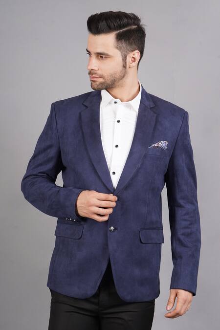 Buy_Soniya G_Blue Wool, Tweed Lapel Collar Blazer_Online_at_Aza_Fashions