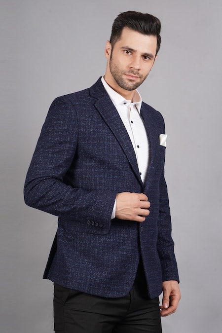 Shop_Soniya G_Blue Wool, Tweed Blazer_Online_at_Aza_Fashions