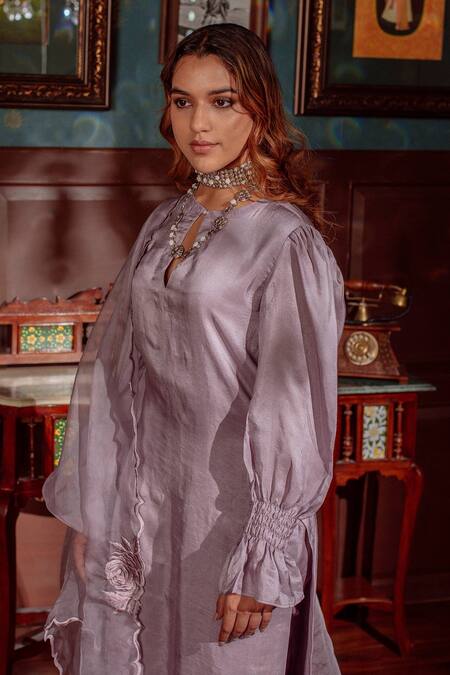 Shop_LAHARIO_Purple , Organza Embroidery, Cut Work Kurta Set With Rose Dupatta _Online_at_Aza_Fashions