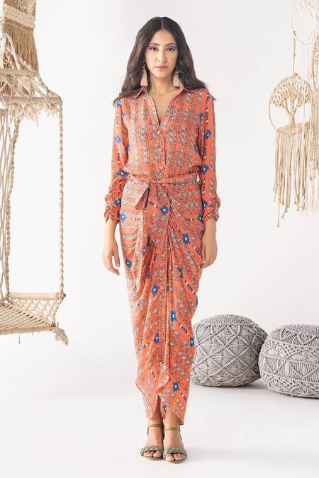 Chhavvi Aggarwal_Orange Crepe Shawl Neck Geometric Print Draped Shirt Dress_Online_at_Aza_Fashions