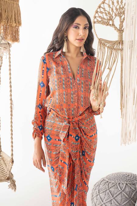 Buy_Chhavvi Aggarwal_Orange Crepe Shawl Neck Geometric Print Draped Shirt Dress_Online_at_Aza_Fashions