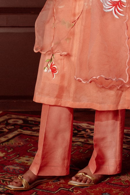 LAHARIO_Peach , Organza, Denim Embroidery Round Chrysanthemum Kurta Pant Set _Online_at_Aza_Fashions
