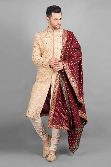 Soniya G_Beige Silk Embroidery Chevron Sherwani Set For Kids_Online_at_Aza_Fashions