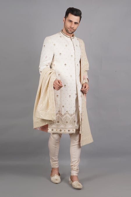 Buy_Soniya G_Ivory Georgette Embroidery, Gota Patti Sherwani Set_Online_at_Aza_Fashions