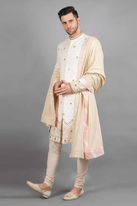Shop_Soniya G_Ivory Georgette Embroidery, Gota Patti Sherwani Set_Online_at_Aza_Fashions