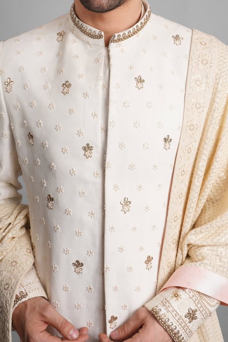 Soniya G_Ivory Georgette Embroidery, Gota Patti Sherwani Set_at_Aza_Fashions