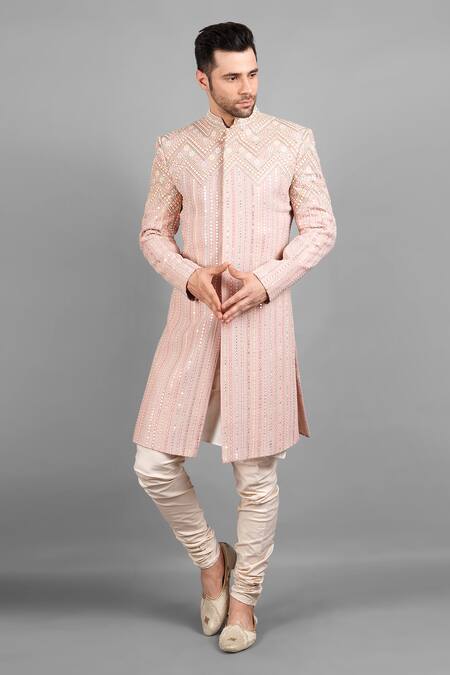 Soniya G_Pink Silk Sequins, Embroidery Stripe Sherwani Set_Online_at_Aza_Fashions