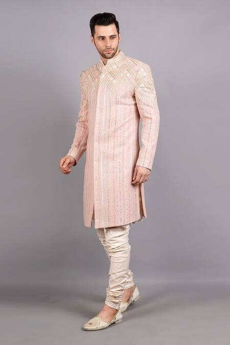 Buy_Soniya G_Pink Silk Sequins, Embroidery Stripe Sherwani Set_Online_at_Aza_Fashions
