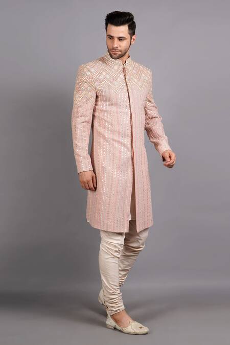 Shop_Soniya G_Pink Silk Sequins, Embroidery Stripe Sherwani Set_Online_at_Aza_Fashions