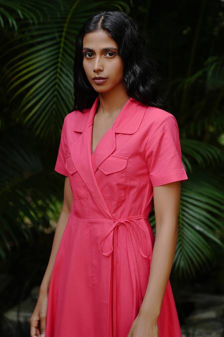 Vanaras Pink Cotton Collared Organic Wrap Dress Online at Aza Fashions Vanaras_Pink Cotton Collared Organic Wrap Dress_Online_at_Aza_Fashions