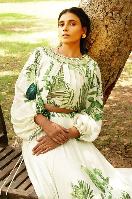 17:17 By Simmi Saboo_Off White Muslin Silk Sequin, Tropical Print, Rabia Lehenga And Bustier Set_Online_at_Aza_Fashions