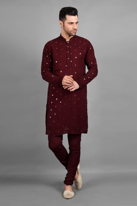 Soniya G_Maroon Velvet Embroidery, Sequins Paisley Sherwani Set _Online_at_Aza_Fashions