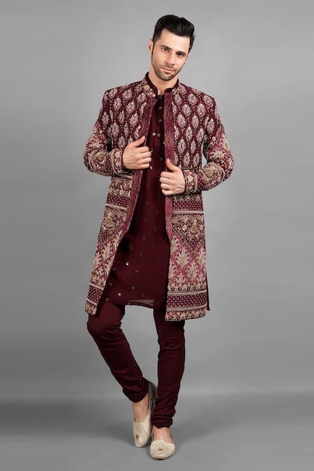 Buy_Soniya G_Maroon Velvet Embroidery, Sequins Paisley Sherwani Set _Online_at_Aza_Fashions