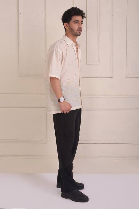 Shwetanga_Ivory Cotton Embroidery Oversized Shirt _Online_at_Aza_Fashions