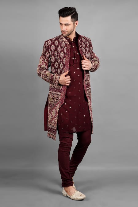 Shop_Soniya G_Maroon Velvet Embroidery, Sequins Paisley Sherwani Set _Online_at_Aza_Fashions