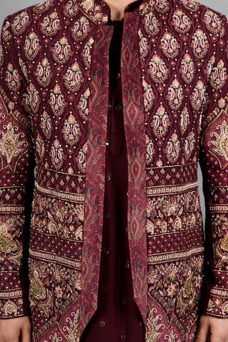 Soniya G_Maroon Velvet Embroidery, Sequins Paisley Sherwani Set _at_Aza_Fashions