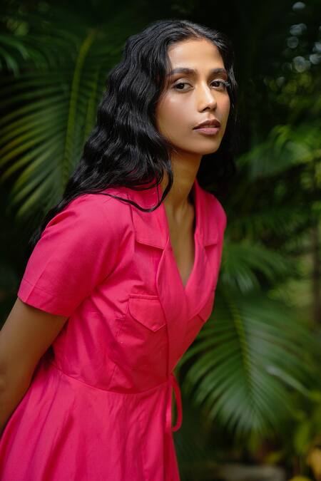 Buy Vanaras Pink Cotton Collared Organic Wrap Dress Online at Aza Fashions Buy_Vanaras_Pink Cotton Collared Organic Wrap Dress_Online_at_Aza_Fashions