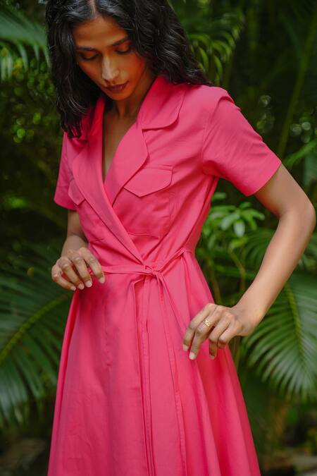 Shop Vanaras Pink Cotton Collared Organic Wrap Dress Online at Aza Fashions Shop_Vanaras_Pink Cotton Collared Organic Wrap Dress_Online_at_Aza_Fashions