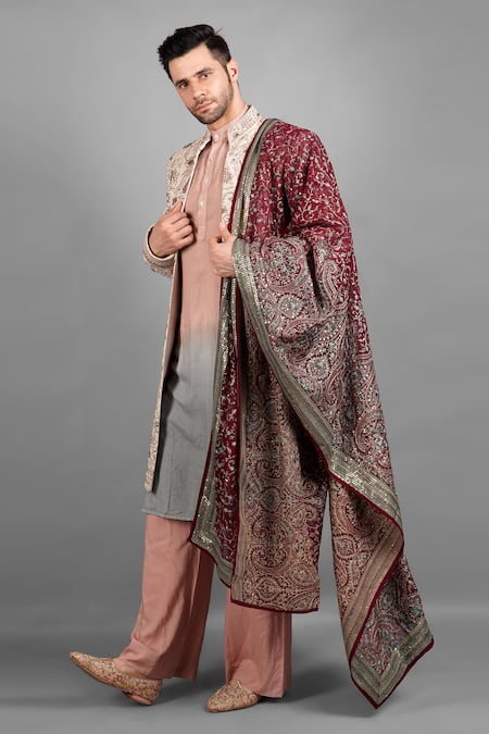 Buy_Soniya G_Ivory Pashmina, Silk Embroidery Thread Sherwani Set _Online_at_Aza_Fashions