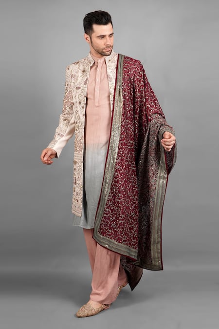 Shop_Soniya G_Ivory Pashmina, Silk Embroidery Thread Sherwani Set _Online_at_Aza_Fashions