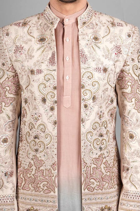 Soniya G_Ivory Pashmina, Silk Embroidery Thread Sherwani Set _at_Aza_Fashions