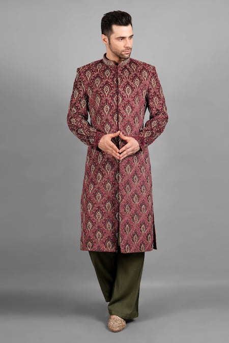 Buy_Soniya G_Maroon Velvet, Silk Embroidery Printed Sherwani Set _Online_at_Aza_Fashions
