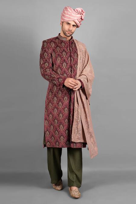 Shop_Soniya G_Maroon Velvet, Silk Embroidery Printed Sherwani Set _Online_at_Aza_Fashions