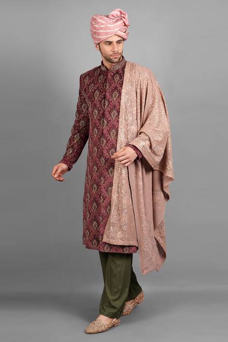 Soniya G_Maroon Velvet, Silk Embroidery Printed Sherwani Set _at_Aza_Fashions