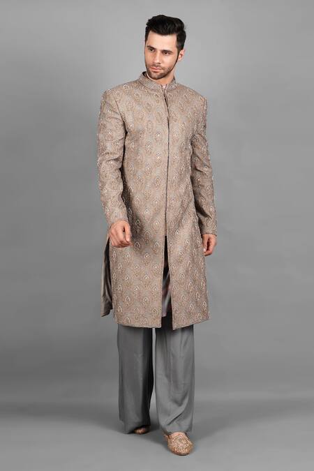 Buy_Soniya G_Brown Handloom Cotton, Silk Embroidery Floral Sherwani Set_Online_at_Aza_Fashions