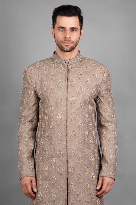 Shop_Soniya G_Brown Handloom Cotton, Silk Embroidery Floral Sherwani Set_Online_at_Aza_Fashions