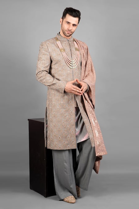 Soniya G_Brown Handloom Cotton, Silk Embroidery Floral Sherwani Set_at_Aza_Fashions