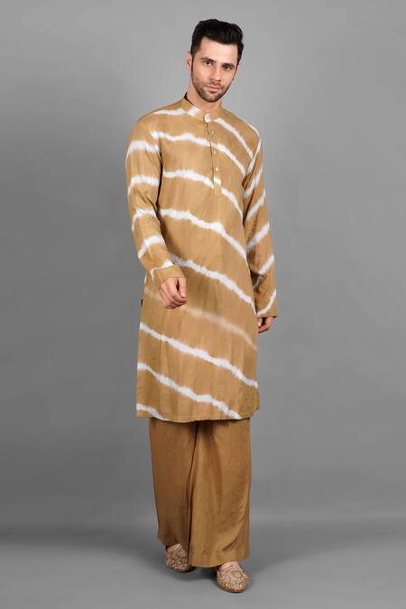 Soniya G_Brown Handloom Cotton, Silk Embroidery Band Collar Sherwani Set_Online_at_Aza_Fashions